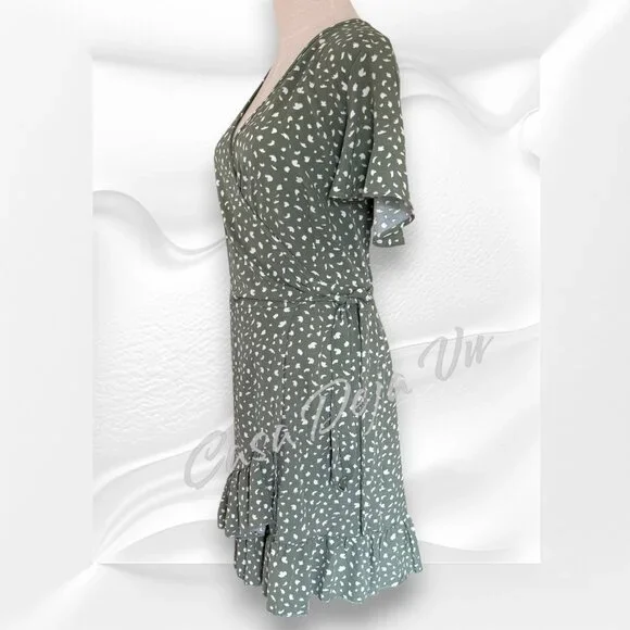 Ready for Spring Light Airy V Neck Wrap Midi Patterned Sage Ruffle Drop Dress - Picture 8 of 13